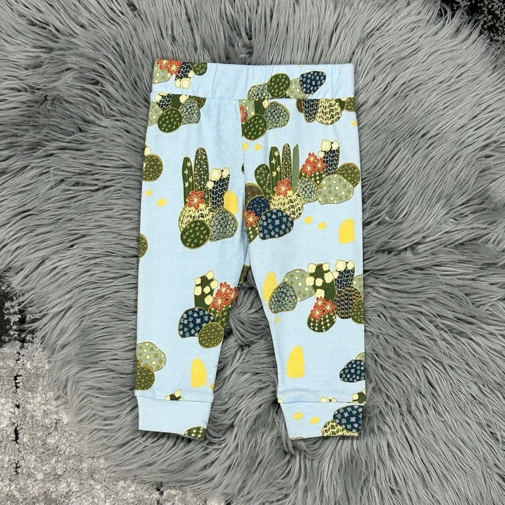 Apple Park + LALA CURIO Blue Organic Baby Leggings W/Cactus‎ Pattern 12-18m